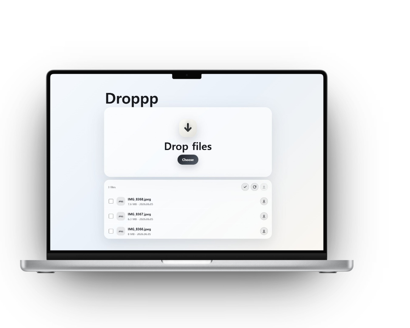 Droppp browser page for downloading and uploading files