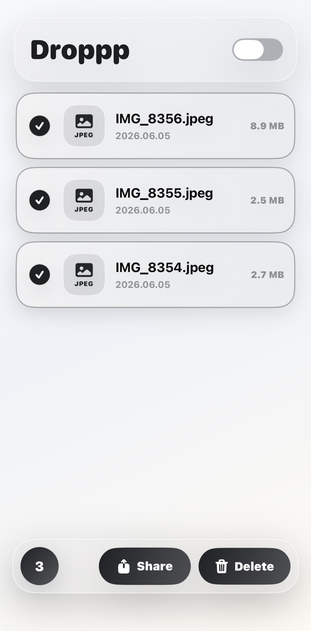 Files saved in the Droppp app on an iOS device