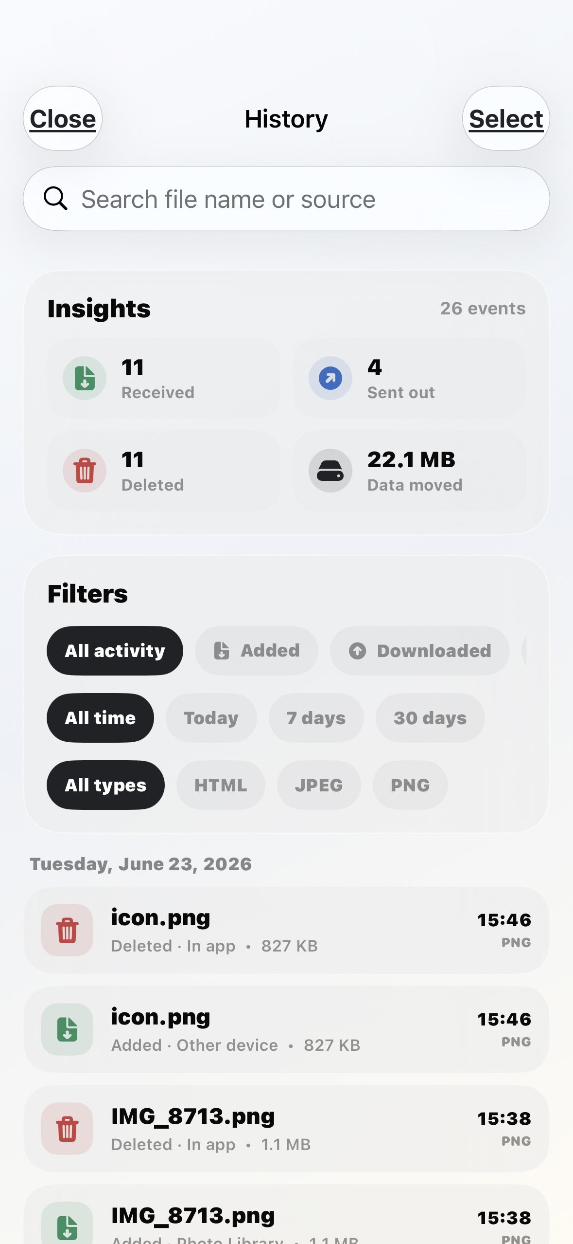 Droppp History page showing file activity logs