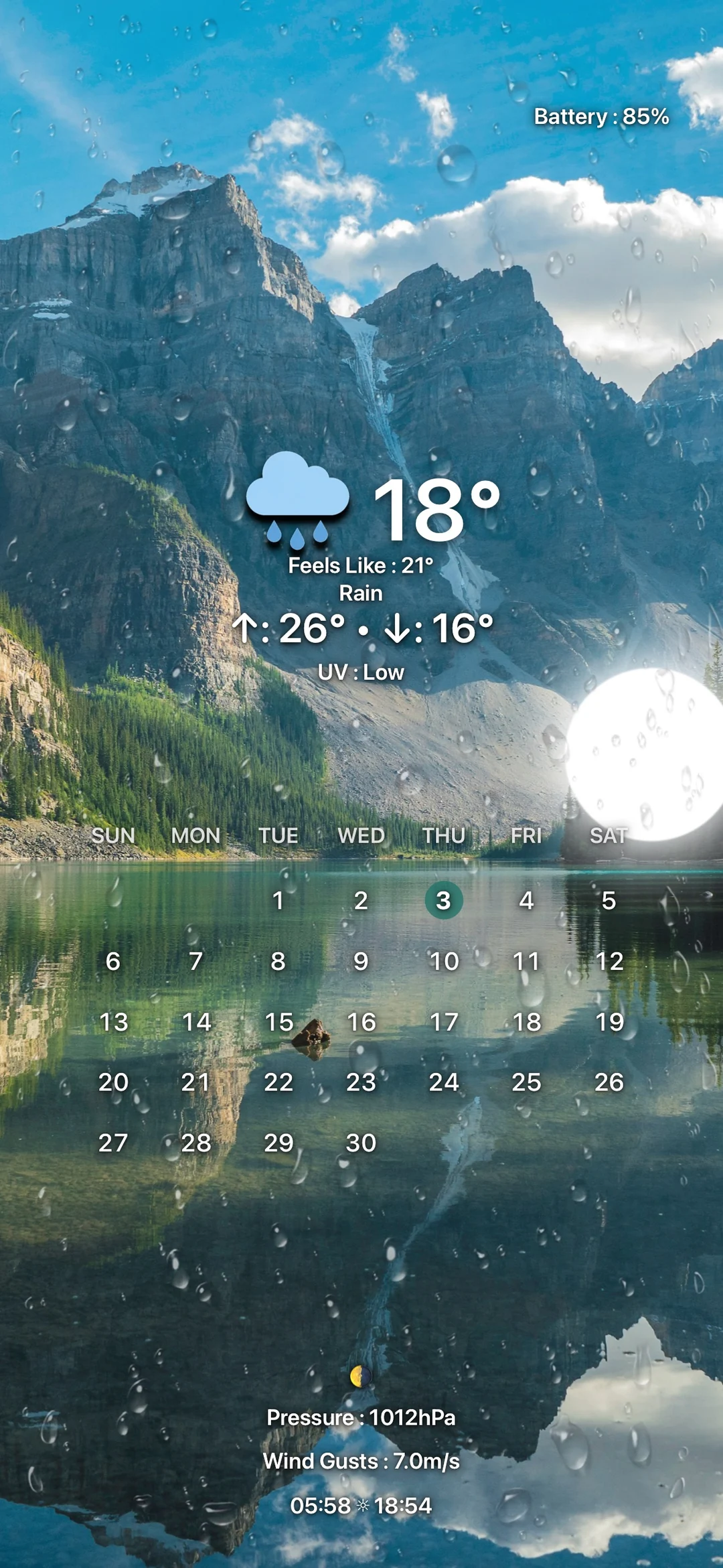 Rain over an alpine lake with weather, calendar and wind information