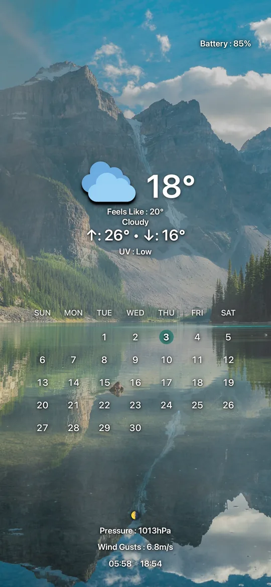 ODODOCK wallpaper showing weather and a calendar over an alpine lake