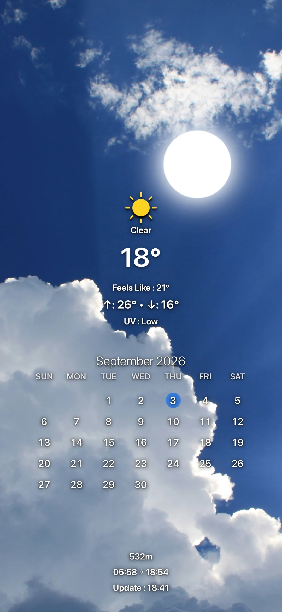 A bright blue sky with current weather and a monthly calendar