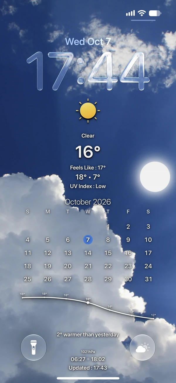 Clouds and blue sky with weather and a calendar on an iPhone lock screen