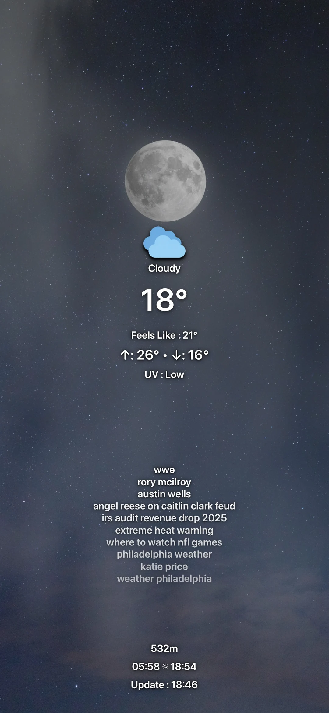 The moon in a quiet night sky with local weather and trending topics