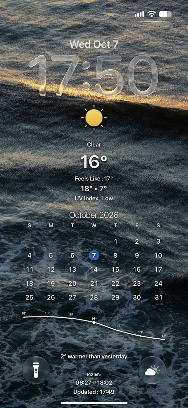 Sunlight on ocean waves with weather and a calendar on an iPhone lock screen