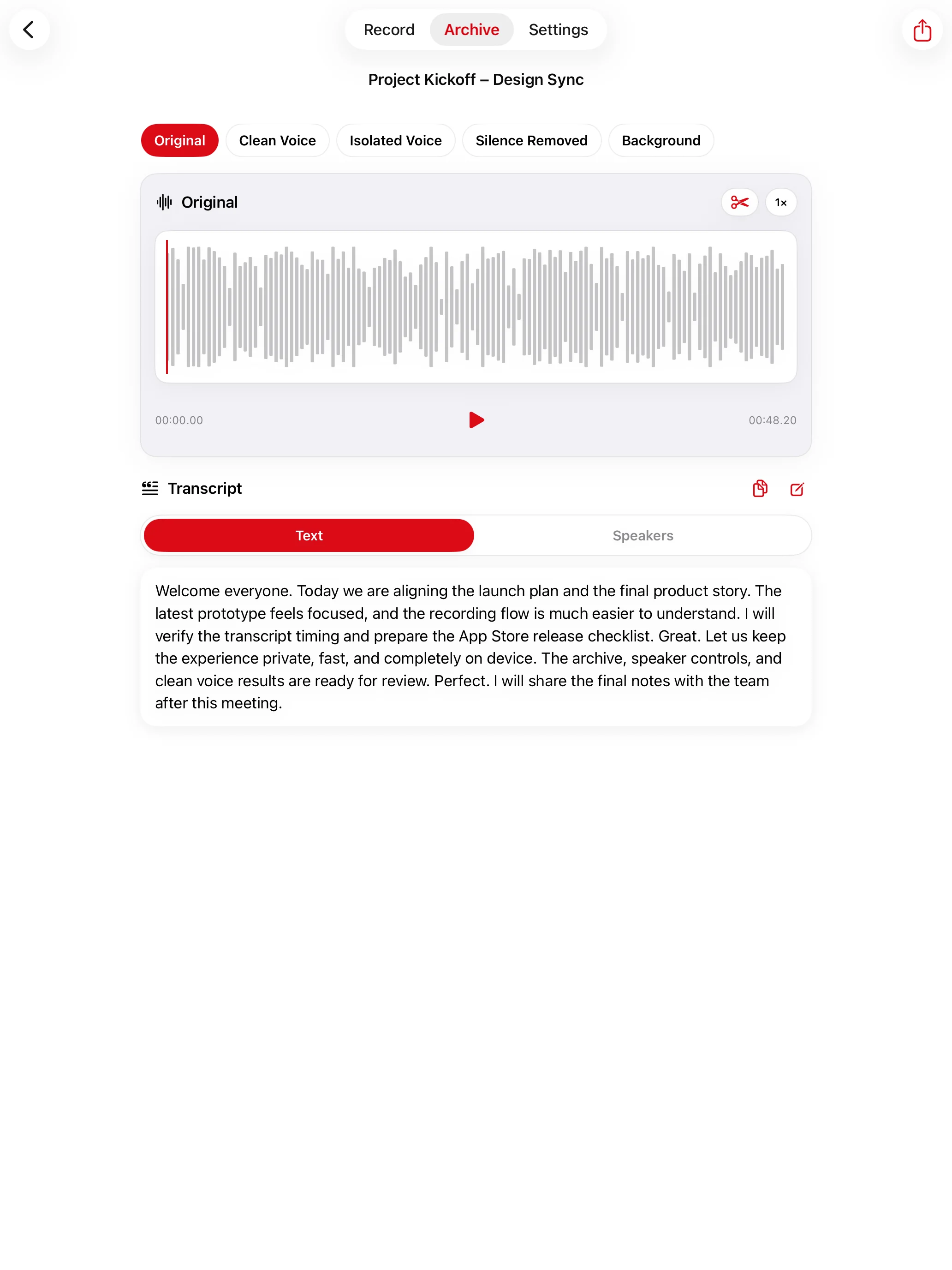 REDREC Original audio player on iPad