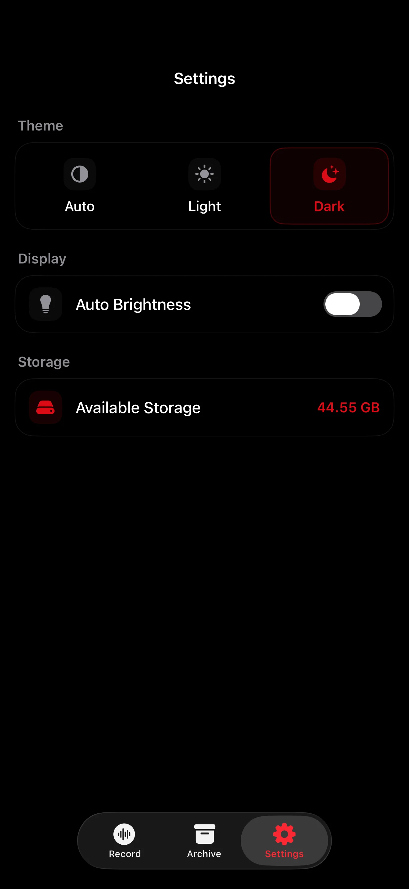 Settings in dark mode