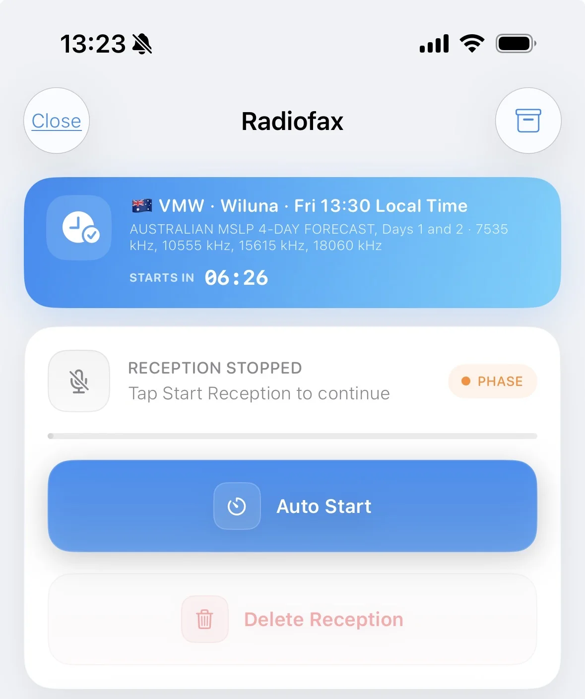 Radiofax page showing an upcoming broadcast countdown and the Auto Start button