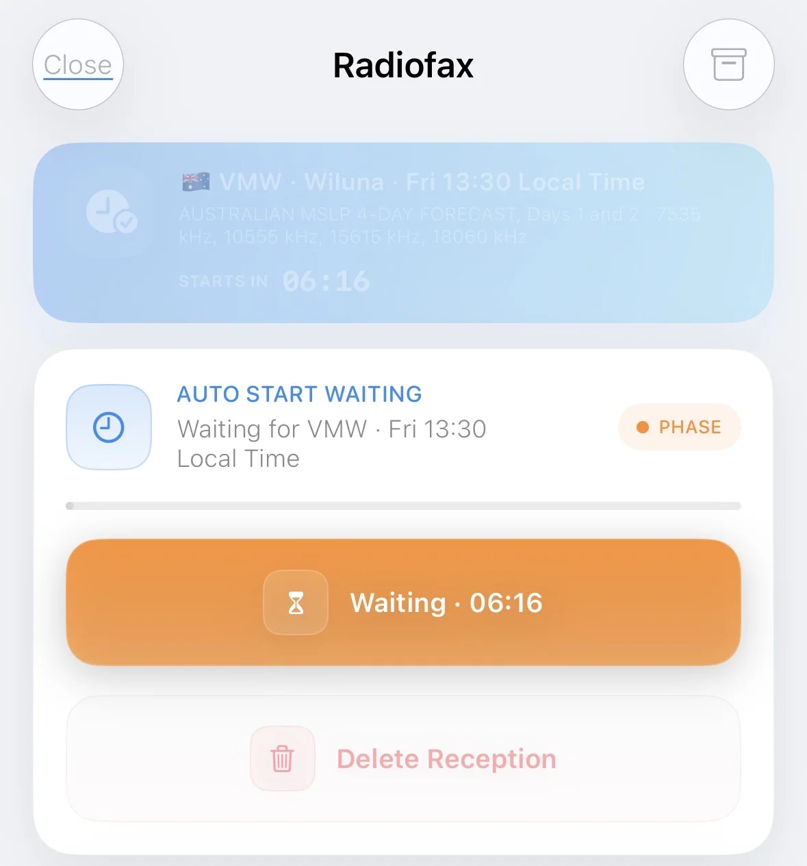 Radiofax Auto Start waiting state with a live countdown